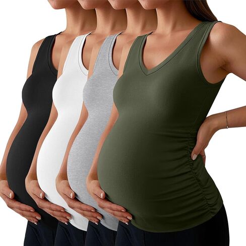 Ficerd 4 Pack Tops Women's Maternity Tops v Devic Side Ruched Cotton Cotton Cotton Basic Stirts Summer in Kuwait