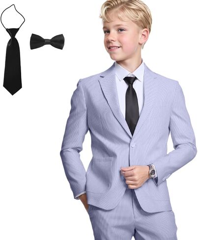Seersucker Boys Suit for Kids 4 Pieces Formal Blazer Pants Set with Tie Tuxedos Summer Wedding Boy Seersucker Suit Beach Prom in Saudi Arabia
