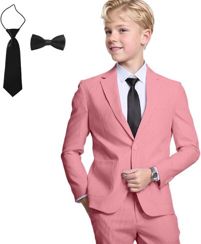 Seersucker Boys Suit for Kids 4 Pieces Formal Blazer Pants Set with Tie Tuxedos Summer Wedding Boy Seersucker Suit Beach Prom in Saudi Arabia