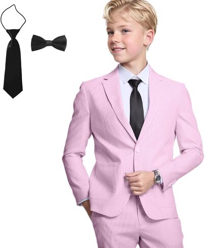 Seersucker Boys Suit for Kids 4 Pieces Formal Blazer Pants Set with Tie Tuxedos Summer Wedding Boy Seersucker Suit Beach Prom in Saudi Arabia