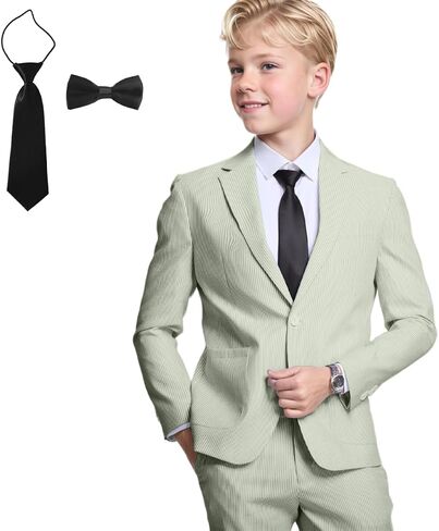 Seersucker Boys Suit for Kids 4 Pieces Formal Blazer Pants Set with Tie Tuxedos Summer Wedding Boy Seersucker Suit Beach Prom in Saudi Arabia