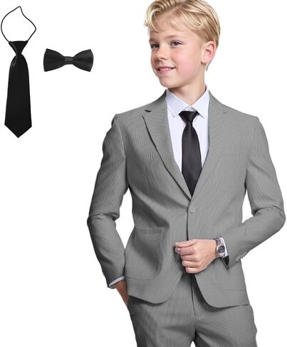 Seersucker Boys Suit for Kids 4 Pieces Formal Blazer Pants Set with Tie Tuxedos Summer Wedding Boy Seersucker Suit Beach Prom in Saudi Arabia