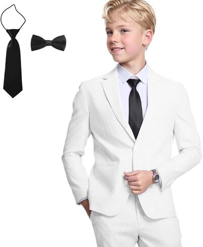 Seersucker Boys Suit for Kids 4 Pieces Formal Blazer Pants Set with Tie Tuxedos Summer Wedding Boy Seersucker Suit Beach Prom in Saudi Arabia
