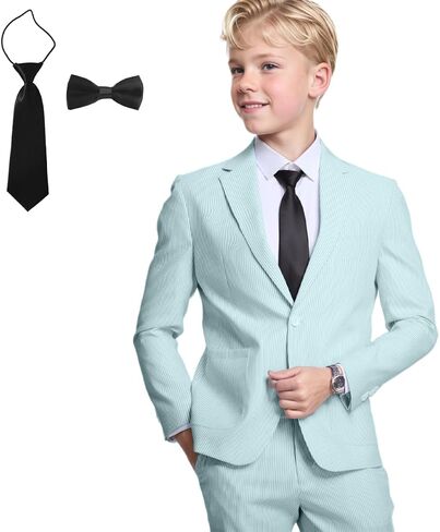 Seersucker Boys Suit for Kids 4 Pieces Formal Blazer Pants Set with Tie Tuxedos Summer Wedding Boy Seersucker Suit Beach Prom in Saudi Arabia