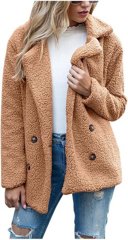 معاطف الشتاء للنساء زر صفراء الرقبة شيربا الصوف سترة طويلة الأكمام Teddy Faux Fur Coat مع جيوب in Kuwait