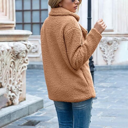 معاطف الشتاء للنساء زر صفراء الرقبة شيربا الصوف سترة طويلة الأكمام Teddy Faux Fur Coat مع جيوب in Kuwait