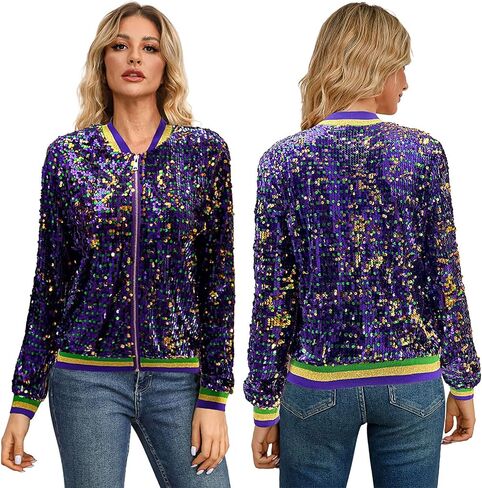 Heevina Mardi Gras Sequin Jackets For Women Sparkly Zipper Shiny Glitter Bomber Jacket Sparkly Tops Carnival 2025 in Saudi Arabia