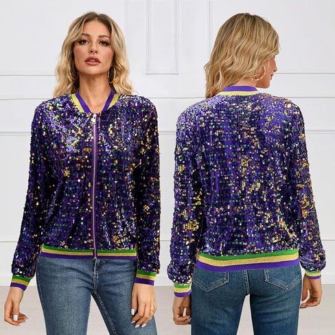 Heevina Mardi Gras Sequin Jackets For Women Sparkly Zipper Shiny Glitter Bomber Jacket Sparkly Tops Carnival 2025 in Saudi Arabia