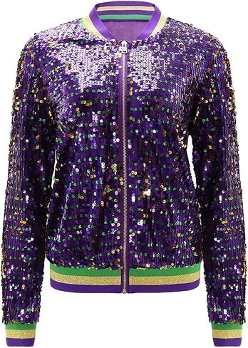Heevina Mardi Gras Sequin Jackets For Women Sparkly Zipper Shiny Glitter Bomber Jacket Sparkly Tops Carnival 2025 in Saudi Arabia