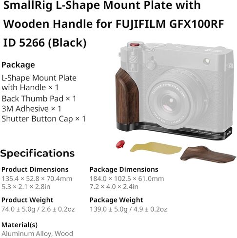 HANDGRIP SMALLERIG خشبي ل FUJIFILM GFX100RF ، لوحة تركيب الشكل L مع قبضة مزدوجة (أمامية وخلفية) ، لوحة إطلاق سريعة مدمجة ل ARCA ، زر الغالق ، الوزن 0.15 رطل/70 جرام ، الفضة-5265 in Kuwait