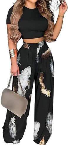 Mandonce 2 Piece Outfits for Women Crew Neck Short Sleeve Crop Tops Printed Wide Leg Long Pants Summer Matching Sets in Kuwait