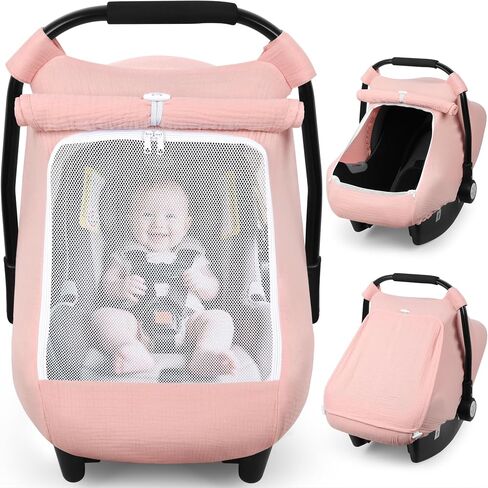 Rquite Car Seat Cover Baby, Carseat Covers Girl Boy, Breathable Muslin Cotton, Large Mesh Window, Infant Car Seat Canopy Baby Carrier Cover Stroller Sun Shade for Summer & Hot Day, Pink in Saudi Arabia