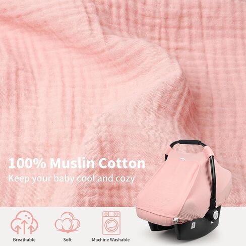 Rquite Car Seat Cover Baby, Carseat Covers Girl Boy, Breathable Muslin Cotton, Large Mesh Window, Infant Car Seat Canopy Baby Carrier Cover Stroller Sun Shade for Summer & Hot Day, Pink in Saudi Arabia