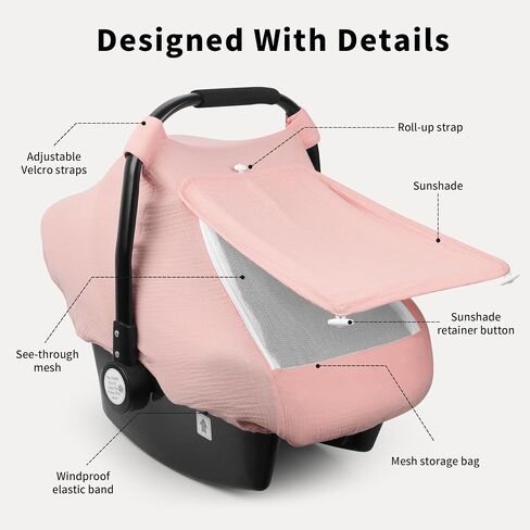 Rquite Car Seat Cover Baby, Carseat Covers Girl Boy, Breathable Muslin Cotton, Large Mesh Window, Infant Car Seat Canopy Baby Carrier Cover Stroller Sun Shade for Summer & Hot Day, Pink in Saudi Arabia