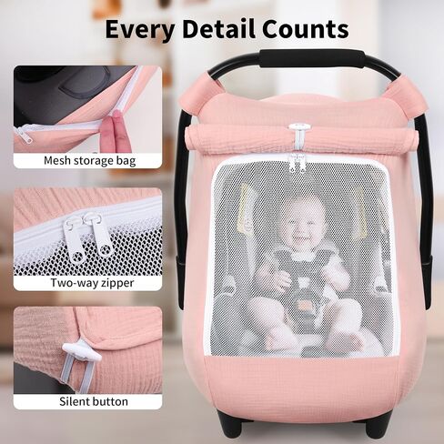 Rquite Car Seat Cover Baby, Carseat Covers Girl Boy, Breathable Muslin Cotton, Large Mesh Window, Infant Car Seat Canopy Baby Carrier Cover Stroller Sun Shade for Summer & Hot Day, Pink in Saudi Arabia