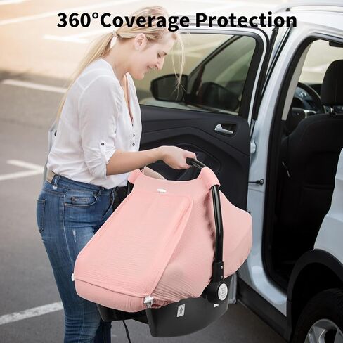 Rquite Car Seat Cover Baby, Carseat Covers Girl Boy, Breathable Muslin Cotton, Large Mesh Window, Infant Car Seat Canopy Baby Carrier Cover Stroller Sun Shade for Summer & Hot Day, Pink in Saudi Arabia