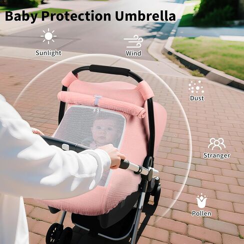Rquite Car Seat Cover Baby, Carseat Covers Girl Boy, Breathable Muslin Cotton, Large Mesh Window, Infant Car Seat Canopy Baby Carrier Cover Stroller Sun Shade for Summer & Hot Day, Pink in Saudi Arabia