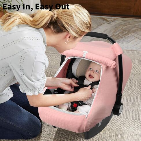 Rquite Car Seat Cover Baby, Carseat Covers Girl Boy, Breathable Muslin Cotton, Large Mesh Window, Infant Car Seat Canopy Baby Carrier Cover Stroller Sun Shade for Summer & Hot Day, Pink in Saudi Arabia