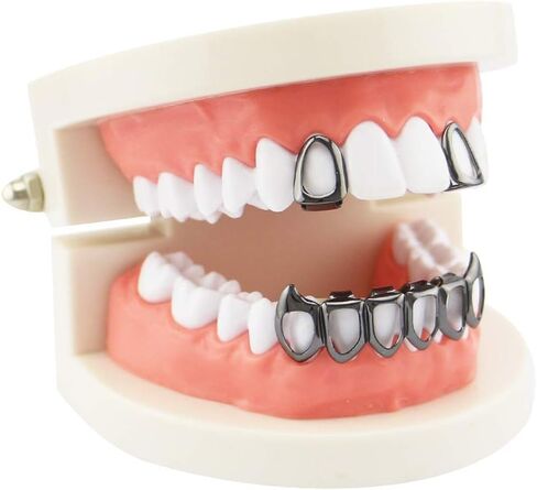 18K Gold Plated Hip Hop Teeth Grillz Caps Open Face 2pcs Single Top and 6 Bottom Grills for Your Teeth Grillz Set for Men Women (Gold) in Kuwait