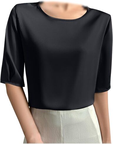Women's Satin Blouse Dressy Casual Half Sleeve Silk Tops Crewneck Short Sleeve Business Office Work Shirt Tee Tshirt in Saudi Arabia
