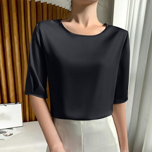 Women's Satin Blouse Dressy Casual Half Sleeve Silk Tops Crewneck Short Sleeve Business Office Work Shirt Tee Tshirt in Saudi Arabia