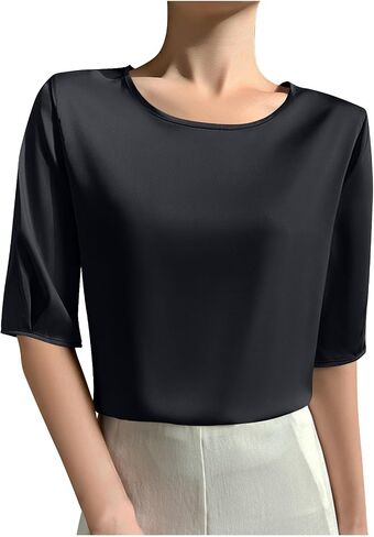 Women's Satin Blouse Dressy Casual Half Sleeve Silk Tops Crewneck Short Sleeve Business Office Work Shirt Tee Tshirt in Saudi Arabia