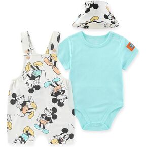 Disney Mickey Mouse Baby Boys French Terry Shortall Overalls T-Shirt and Hat 3-Piece Set for Infants