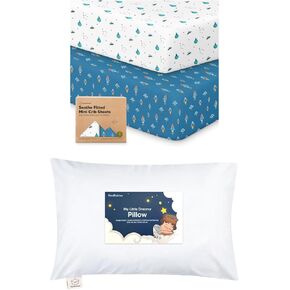 KeaBabies 2-Pack Mini Crib Sheets Fitted and Toddler Pillow with Pillowcase - Pack N Play Mattress Cover for Graco Playard and 13X18 Soft Cotton Kids Travel Pillows for Sleeping