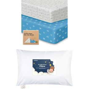 KeaBabies 2-Pack Mini Crib Sheets Fitted and Toddler Pillow with Pillowcase - Pack N Play Mattress Cover for Graco Playard and 13X18 Soft Cotton Kids Travel Pillows for Sleeping