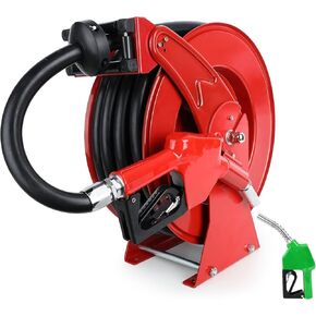 Fuel Hose Reel with Fueling Nozzle, 1" x 50FT Retractable Diesel Hose Reel, 300 PSI Industrial Heavy Duty Auto Swivel Rewind Hose Holder Reels, for Vehicle Tank Truck Trailer Ship