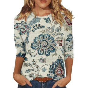 Womens 3/4 Sleeve Shirts Fashion Loose Tees Blouses Casual Easter Cute Print Tops Plus Size Round Neck T Shirt