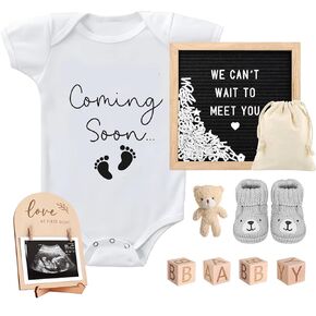 9 PCS Adpressed Agrencerces ، تشمل أحذية Baby Babysuit Board Board Board و Sign Sign Surprise إعلان مفاجئ لـ Grandparents Partner Family Family (White Come-Soon-Grey Shoe)
