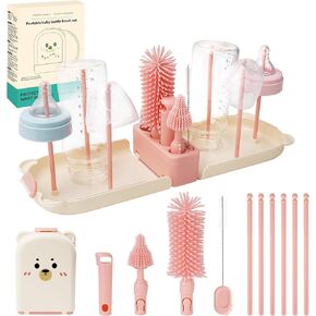 Bottle Cleaner Brush Set, 7 in 1 Bottle Brush Cleaner Baby, Home and Travel Bottle Brush Set Contain Bottle Brush, Nipple Brush, Straw Brush, Storage Box, Soap Dispenser, Bottle Drying Rack