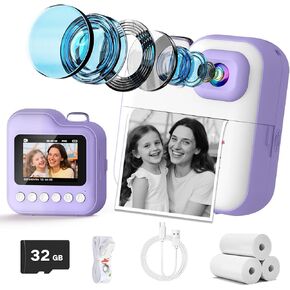 Kids Camera Instant Print, 1080P UHD Video Instant Camera for Kids with AI Cartoon Effects, Portable Toy for 4 5 6 7 8 9 10 Year Old Girls Boys Birthday Gift - Purple