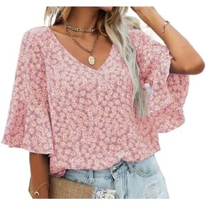 Women's V Neck Boho Floral Ruffle Sleeve Shirt Summer Blouse Tops Basic T-Shirt Casual Loose Fit Print Blouses