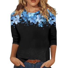 Women's 3/4 Sleeve Shirts Plus Size Basic Casual Tees Blouses Summer Loose Tops Floral Print Round Neck T Shirt