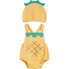 Infant Baby Girl Fruits Outfits Sleeveless Leaf Collar Romper with Hat Set Halloween Clothes