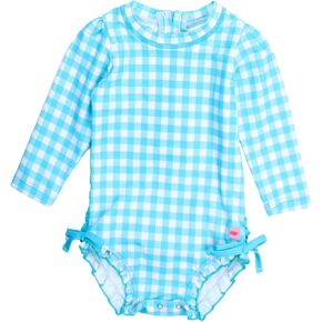 RuffleButts Baby Girls UPF 50+ Sun Protection Gingham Printed Long Sleeve One Piece Rash Guard Swimsuit with Zipper