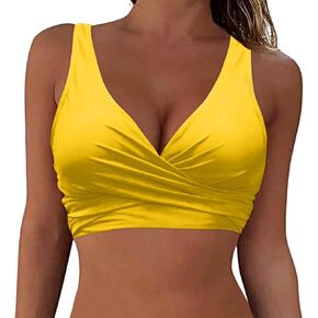 Bikini Tops for Women Cropped Swimsuit Top Ruched Push Up Bathing Suit Solid Color V-Neck Swimwear Sexy Beachwear