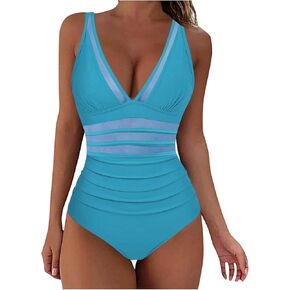 Women's Tummy Control Swimsuits Sexy One Piece Bathing Suits Mesh Patchwork Slimming V Neck Swimwear Ladies Swimwear