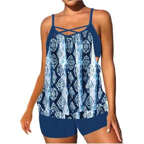 Women 2 Piece Vacation Tankini Swimsuits Tummy Control Flowy V Neck Bathing Suits with Shorts Beach Modest Swimwear