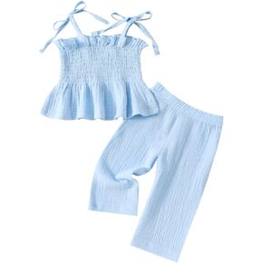 Toddler Baby Girl Clothes Sleeveless Tie-Up Ruffle Tops Linen Pants Set Infant Summer Outfits