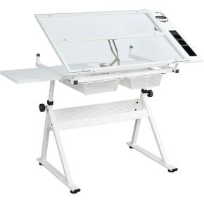 White Adjustable Drafting Table with Tempered Glass Top & Chair Ergonomic Artist Desk for Home Office Studio or Craft Room