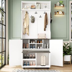 Farmhouse 4-in-1 Hall Tree مع أبواب الحظيرة ، مقعد متحرك مع 7 خطافات معلقة وخزانة لتخزين الأحذية ، رف معطف مدخل 76.9 "مع 6 عجلات الفرامل للمرونة ، غرفة المعيشة ، أبيض