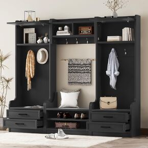 4-in-1 Detachable Hall Tree with Storage and 7 Hooks, Multiple Functions Hallway Coat Rack with Storage Drawers and Cabinet, Black Shoe Bench for Entryway Hallway (Style1)