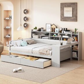 Minzan Multi-Functional Wooden Daybed with Storage Shelves and Study Desk for Bedroom (Antique White)