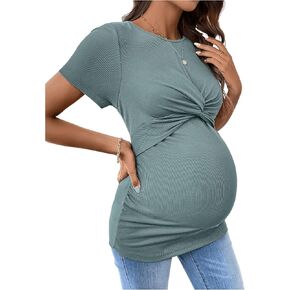 Verdusa Women's Maternity Twist Front Nursing Tops Short Sleeve Breastfeeding Shirts