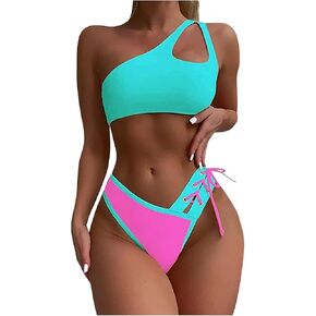 One Shoulder Cutout Bikini Set for Women Sexy Low Waisted Bottom Swimsuit Two Piece Bathing Suit Tie Up Swim Beachwear