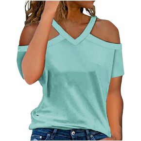 Halter Neck Tops for Women Dressy Cold Shoulder Short Sleeve V Neck Shirts Cut Out Shoulder Tshirts Going Out Tops