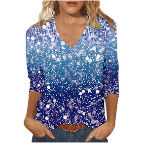 Womens V Neck Tops Plus Size Gradient Shirts Floral Blouse Casual Loose Tshirts 3/4 Sleeve Tee Spring Summer Clothes